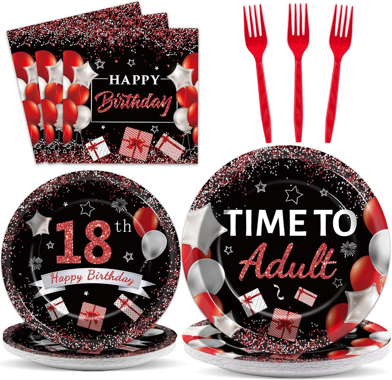 96 Pcs 18th Birthday Party Supplies Paper Plates Napkins Time To Adult Red Black 18 Years Old Birthday Party Dinner Dessert Tableware Set 18th Decorations Favors for Boys Girls Serves 24